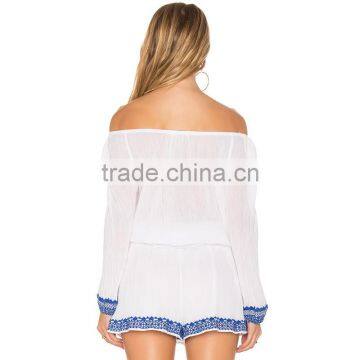 Crepe Embroidered Peasant Blouse Long Sleeve off Shoulder Lady Top photo-3
