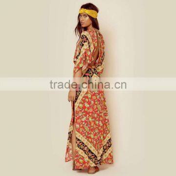 Bat Sleeve Printed Ethnic Clothing Women Kaftan Open Back Design Maxi Dress photo-4