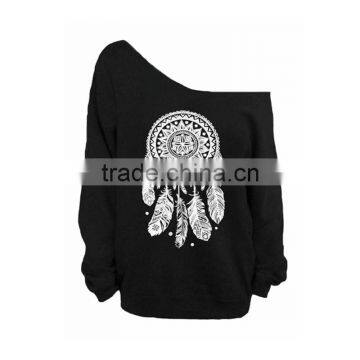 Bulk Wholesale Black Asymmetrical Shoulder Screen Printing Sweatshirt for Ladies photo-2