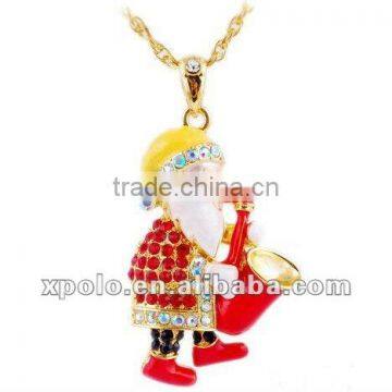 Hot sale playing saxophone cuet enamel santa claus necklace with multicolor rhinestone