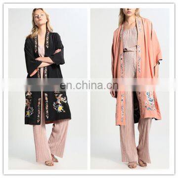 Three Quarter Sleeve Black Flower Embroidered Kimono Cardigan Women