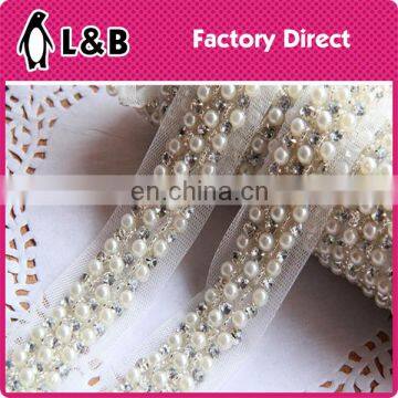 wholesale new design pearl rhinestone beaded lace trim