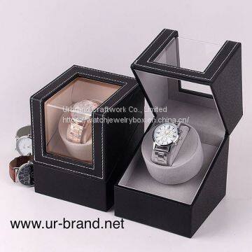 China Single Retail Rotating Safe Display Black Pu Leather Motor Automatic Watch Case Watch Winder Box