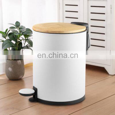 New Eco-friendly bamboo lid stainless steel foot pedal garbage bin 3L 5L metal rubbish dust bin for kitchen bathroom office