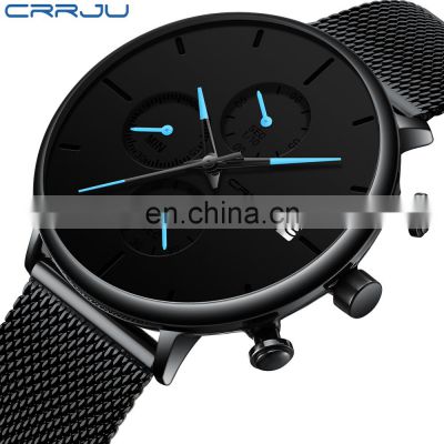 CRRJU 2268 Men Simple Quartz Brand Wristwatches Stainless Steel Mesh Strap Calendar Luxury Mens Dress Watches