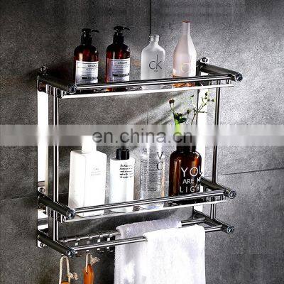 Hot Two Tier Wall Mounted Bathroom Rack Bathroom Shelf Stainless Steel Towel Rack Hanging Rack Shampoo Storage Organizer w Hook photo-4