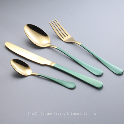 Elegant Stainless Steel Matte Gold Plated Dinner Fork Spoons Knife Flatware Set With Green Colored Handle