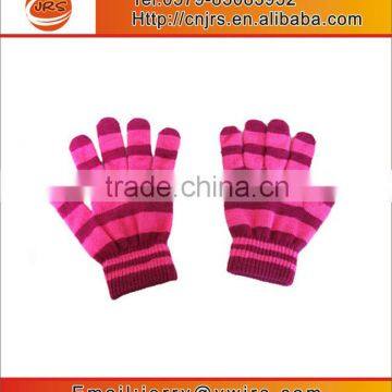 Hot sell acrylic knitted hot pink stripe magic gloves for kids