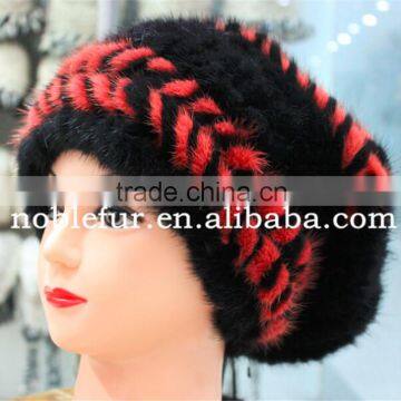 new design mink fur knitted winter baggy headwear with lined\soft and warm beanie