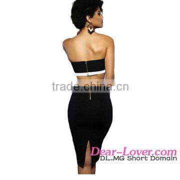 White Bandeau Color-block Women Two Pieces Skirt and Crop Top Set photo-2
