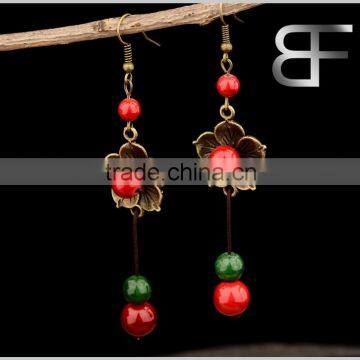 Vintage Brass and Color stone beads Women's flower Drop Earrings