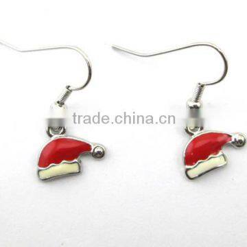 Cute metal hat with red- white enamel earring for christmas, Customized Colors or LOGO and OEM desigtn accept