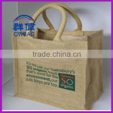 Wholesale cheap printed laminated natural jute shopping bag,tote jute bag