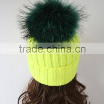 Fluorescent Yellow Rib Knit Acrylic Cap With Top Plump Raccoon Fur Ball Winter Unisex Huge Fur Pompom Knitted Beanie Hat