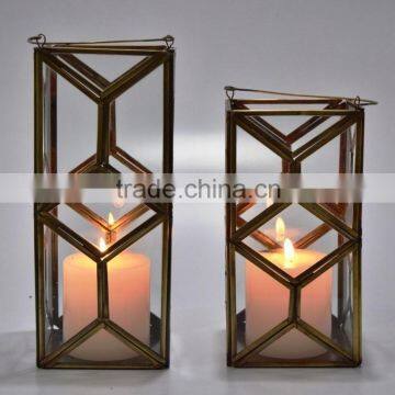 Decorative Glass Pillar candle Lanterns s/2 in Antique Brass CA020