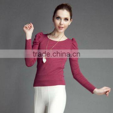 OEM ladies fashion bubble sleeve high-neck solid vantage woman slim pullover sweater