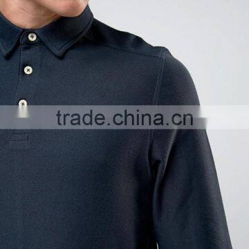 Cheapest Custom Long Sleeve Button Placket Point Collar Navy Men's 65% Polyester 35% Cotton Woven Twill 200g Casual Polo Shirt photo-3