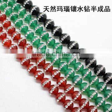 High grade natural red and green agate crystal rhinstone stone strand paving crystal natural stone beads for diy jewelry