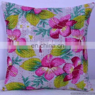 White Floral Indian Colorful Designer Cotton kantha sofa Cushion Covers/Handcrafted Ethnic kantha work Pillow Cushion Cover