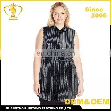 Women latest shirt collar sleeveless stripe design woman short dress