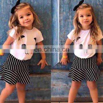 2019 summer girls cotton panda print top tshirt & black white striped pp skirt 2pc set