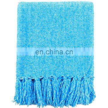 100%Polyester Soft Blue Chenille Blanket Throw With Fringe for Home Bed Sofa Couch Chair photo-4