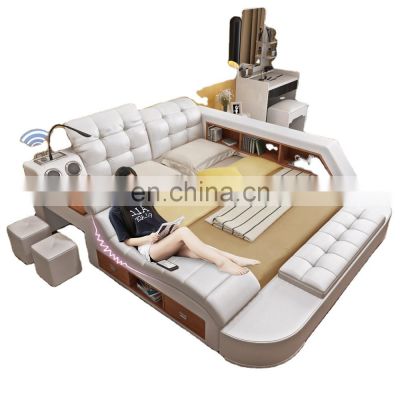 Multifunctional Massage Bedroom Furniture Genuine Leather Bed With Music