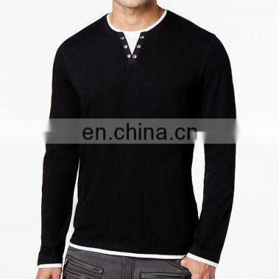 2022 V Neck Front Button Design Long Sleeve T-Shirt 100% Cotton Gym T Shirt For Men