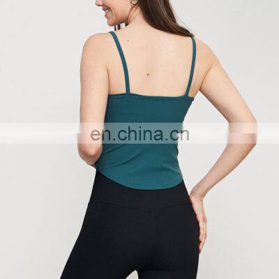 New Summer Sexy Ribbed Casual Strap Sports Built In Bra Fixed Pads Tank Top Soft Women Workout Gym Yoga Fitness Wear Clothes