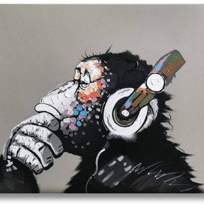 Painting on Canvas 100% Hand Painted Canvas Wall Art Framed Ready to Hang Listen to Music Gorilla
