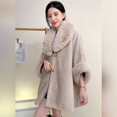 High-end Solid Color Large Fur Collar Shawl Coat Plush Thickened Warm Medium Length Large Size Loose Cape Cardigan photo-5