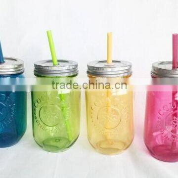 Custom design 16oz coloured glass mason jar with pipe