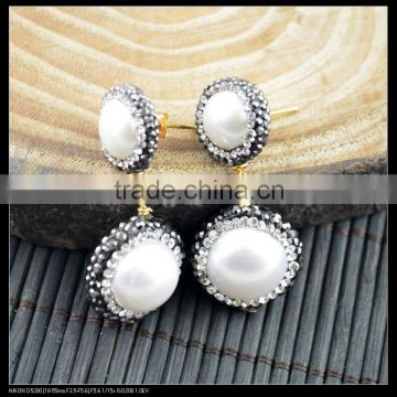 LFD-014E Gold Nature Pearl Round Dangle Earrings Pave Crystal Rhinestone Stud Earrings Jewelry Finding