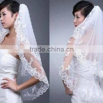 White Cathedral Wedding Bridal Applique Voile Edge wedding Veil with comb