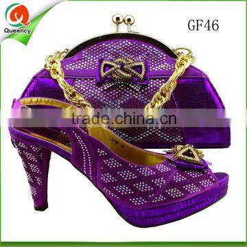 2016 leather italian party design fashion matching shoes and hand bag set ladies dark purple handbag match sandal