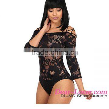 Black Lace Quarter Sleeves Bodysuit see through transparent lingerie