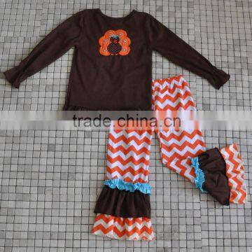 New Coming Brown Turkey Top Matching Orange and White Chevron Pants Thanksgiving Baby Clothes
