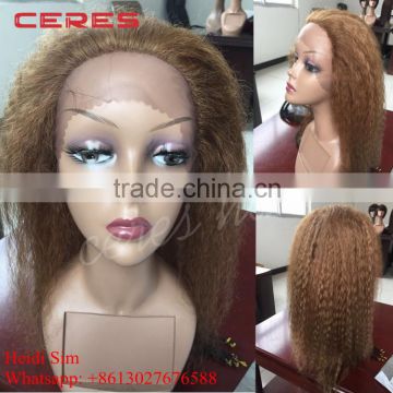 wholesale cheap 100% Brazilian virgin human hair lace front wig, blonde color afro kinky super wave frontal lace wig