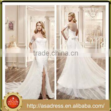 VDN40 Seductive Side Slit Wedding Dress Sheer Illusion Back Bridal Gown Short Sleeve Dresses with Detachable Tail for Weddings