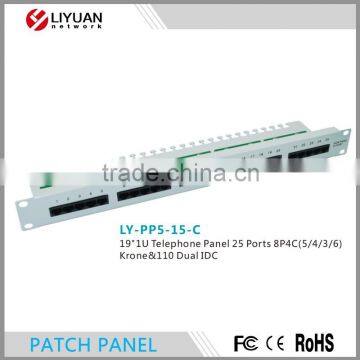 LY-PP5-15-C 19"1U Telephone Panel 25 Ports 8P4C(5/4/3/6) 110 Dual IDC patch panel