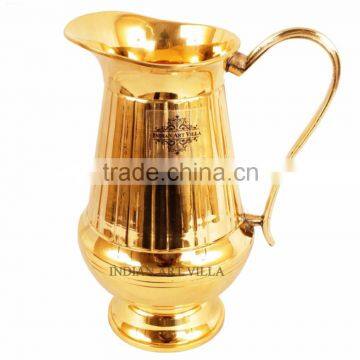 IndianArtVilla Handmade Vertical Lining Design Brass Jug Pitcher 1100 ML - Storage DrinkingWater Home Hotel Restaurant Tableware