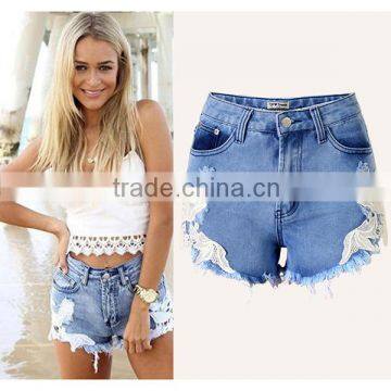 2016 Summer Fashion Women Destroyed Denim Shorts Ladies Lace Patchwork Tassel Fringed High Waist New Pattern Jeans