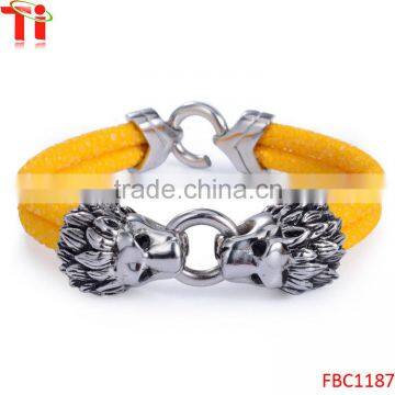 Genuine Polished Stingray Skin Leather Magnetic Bracelet Yellow with Silver plated lion head, men's bracelet