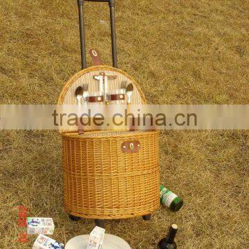 handweave wicker picnic basket with wheels& trolley&pull rodand wheels in autumn &fall