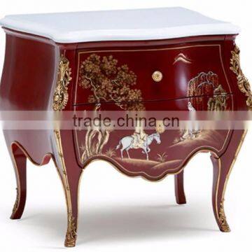 Classico European Style Ruby Red Solid Wood Carving Bombe Chest with Chinoiseries Landscape Handpainiting BF12-04244a
