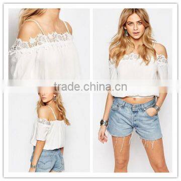 2016 Latest Off Shoulder Lace Trim Crochet Top HST8008