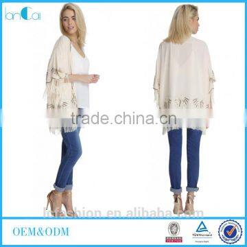 2015 Winter fringed kimono with sequin white embroidered poncho for women