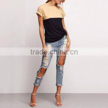 Women's Summer Tee Tops Women 2016 Casual Patchwork Crew Neck Roll-up Short Sleeve T-Shirt for Female photo-3