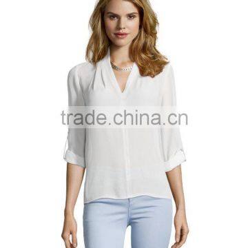 100% Polyester Long Sleeve v Neck Blouse Hi-low Woman Blouse photo-2