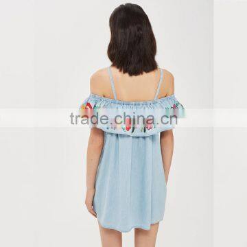 Denim Blue Embroidered New Pattern Clothes off Shoulder Short Jeans Dress Women photo-5